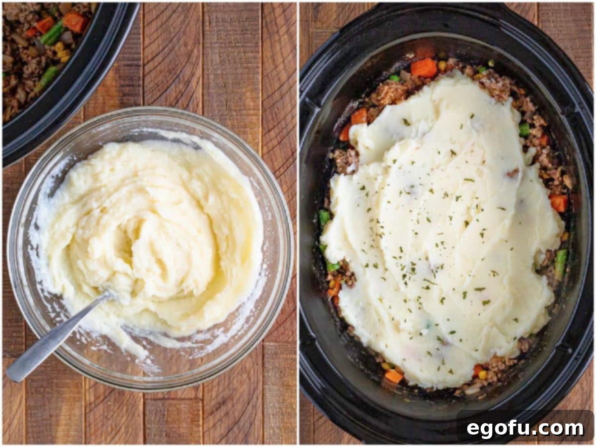 Comforting Slow Cooker Shepherd's Pie 8 collage of two photos: mashed potatoes in a bowl; mashed potatoes spread on top of ground beef in slow cooker.