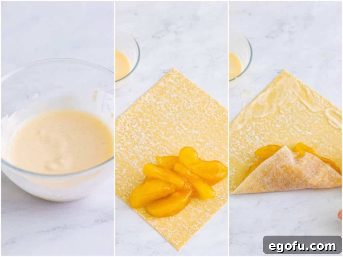 collage of three photos: water and flour mixed together in a bowl; egg roll wrappers with apple pie filling; an egg roll wrapper with apple pie filling that is starting to be rolled up.