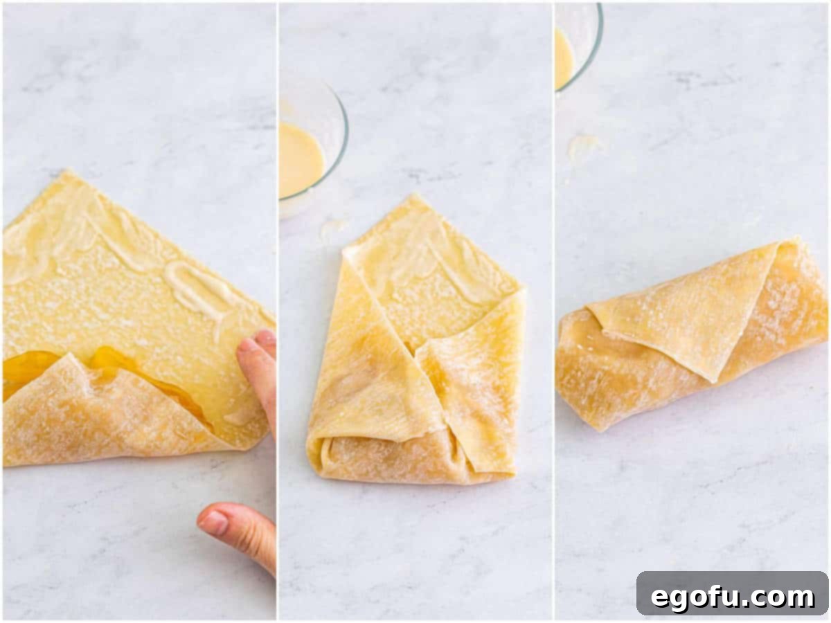 collage of three photos: a moistened egg roll wrapper with apple pie filling that is being rolled up; two sides of the egg roll wrapper folded in; showing a fully rolled apple pie egg roll.