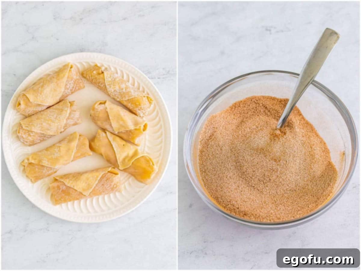 a collage of two photos: apple pie egg rolls before frying on a white plate; a small bowl of cinnamon sugar. 