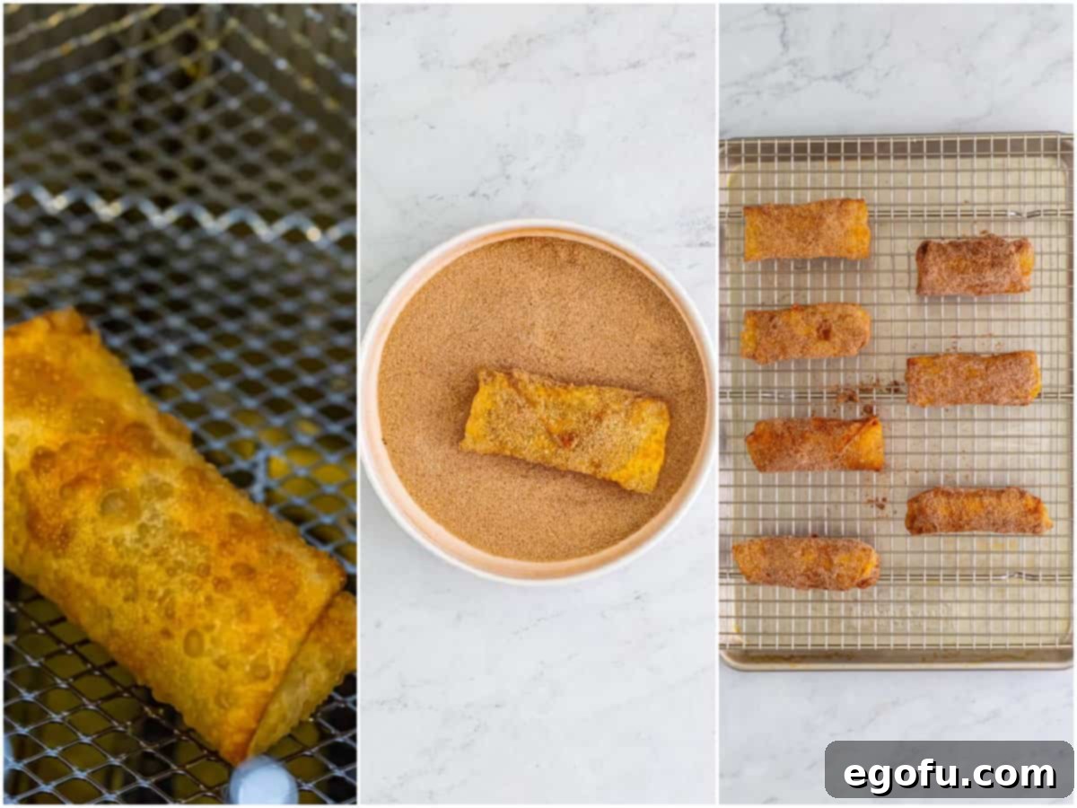 collage of three photos: an egg roll being deep fried; fried egg roll being rolled in a bowl of cinnamon sugar; finished egg rolls on a cooling rack. 