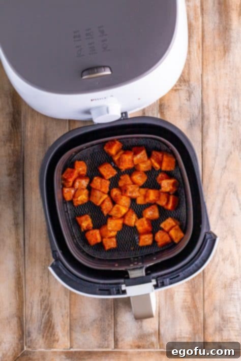 Crispy Air Fried Pork Bites 12 Air fryer basket with seasoned pork chop bites.