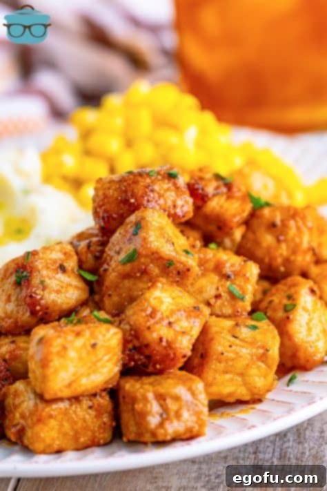 Crispy Air Fried Pork Bites 14 Air Fried Pork Chop bites on a plate.