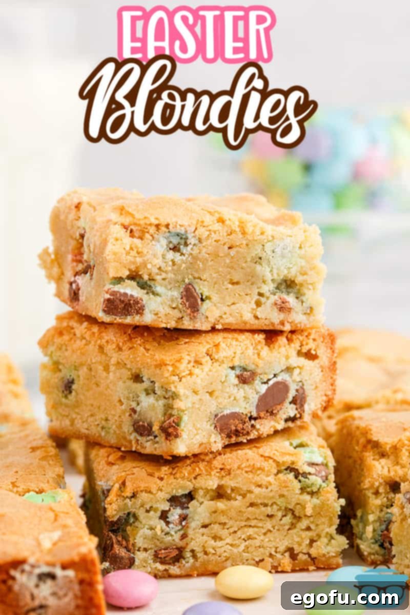 A stack of Easter Blondies with M&M's.