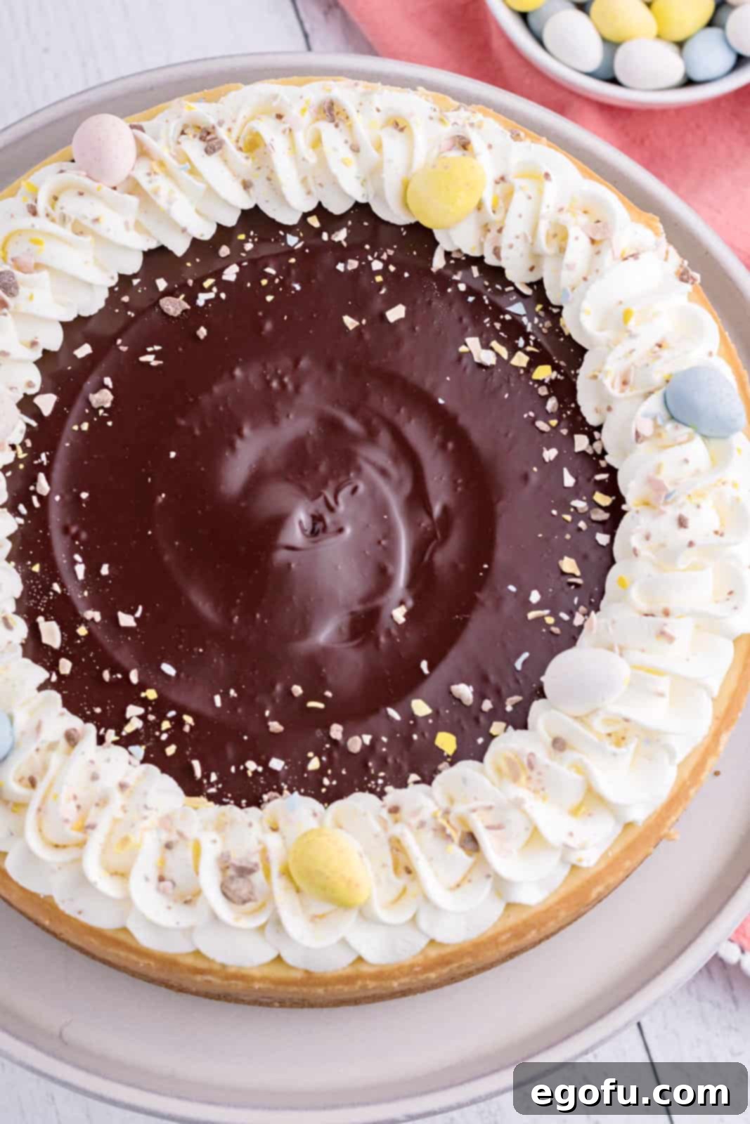 Looking down on a Cadbury Mini Egg Cheesecake.