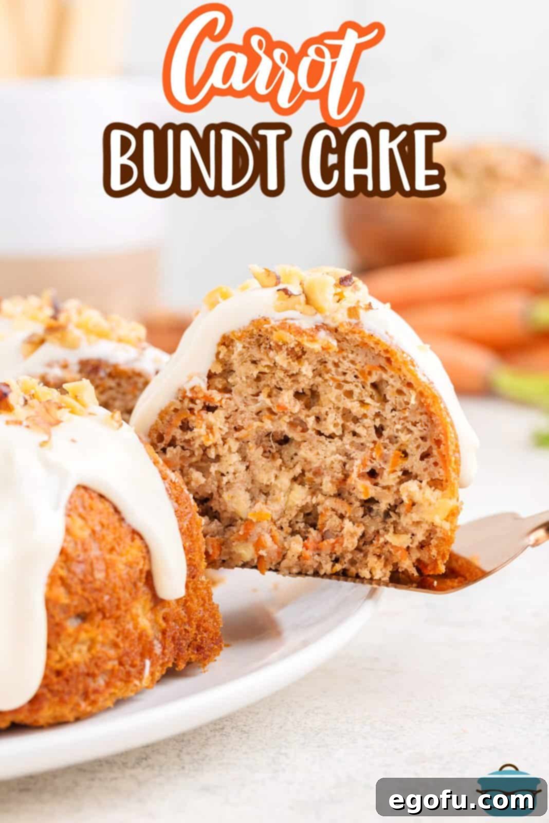 A slice of Carrot Cake Bundt Cake being on a serving utensil.