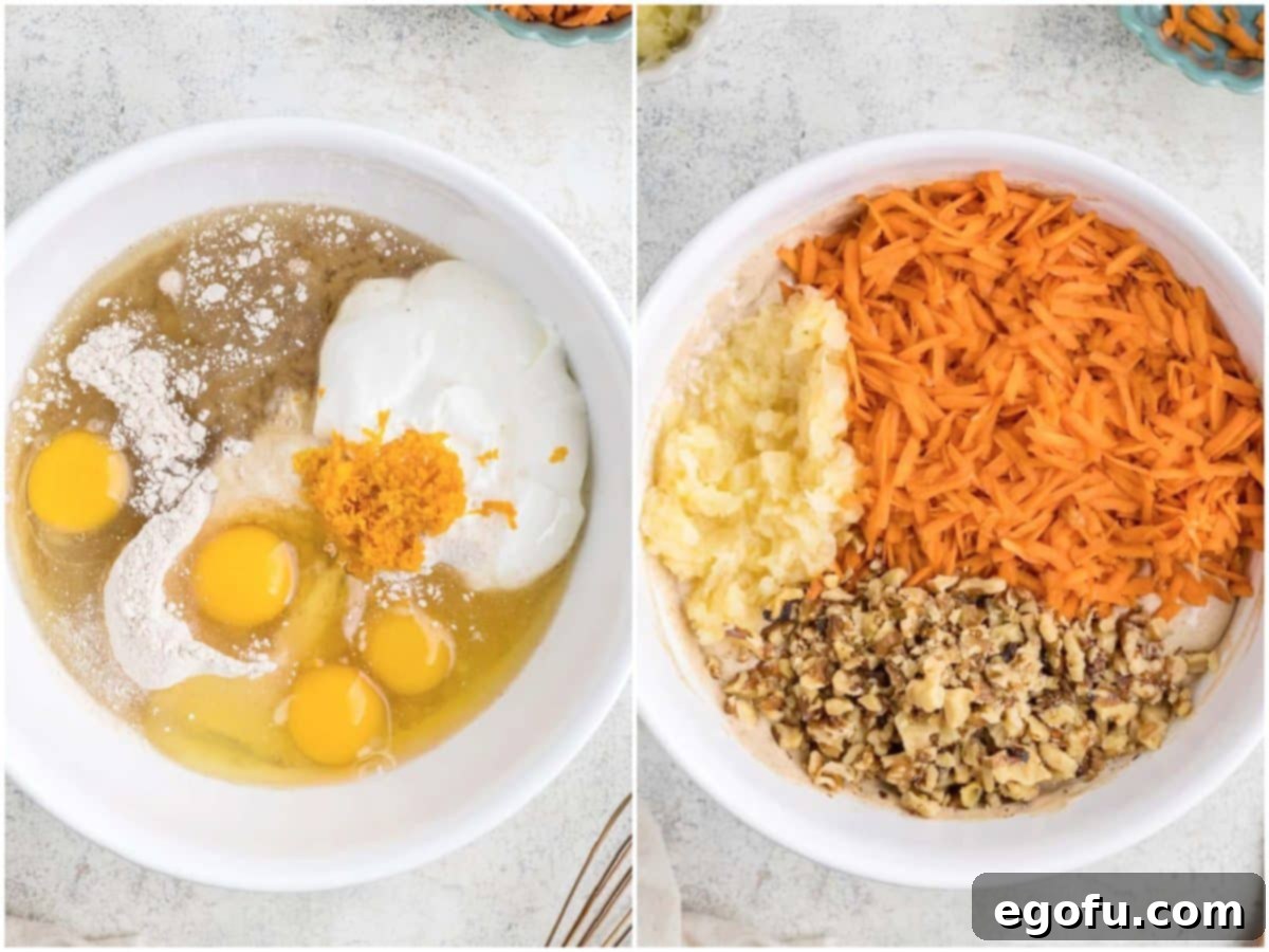 collage of two photos: Cake mix, eggs, oil, sour cream, and orange zest in a large mixing bowl; carrots, pineapple, and walnuts on top of cake batter. 