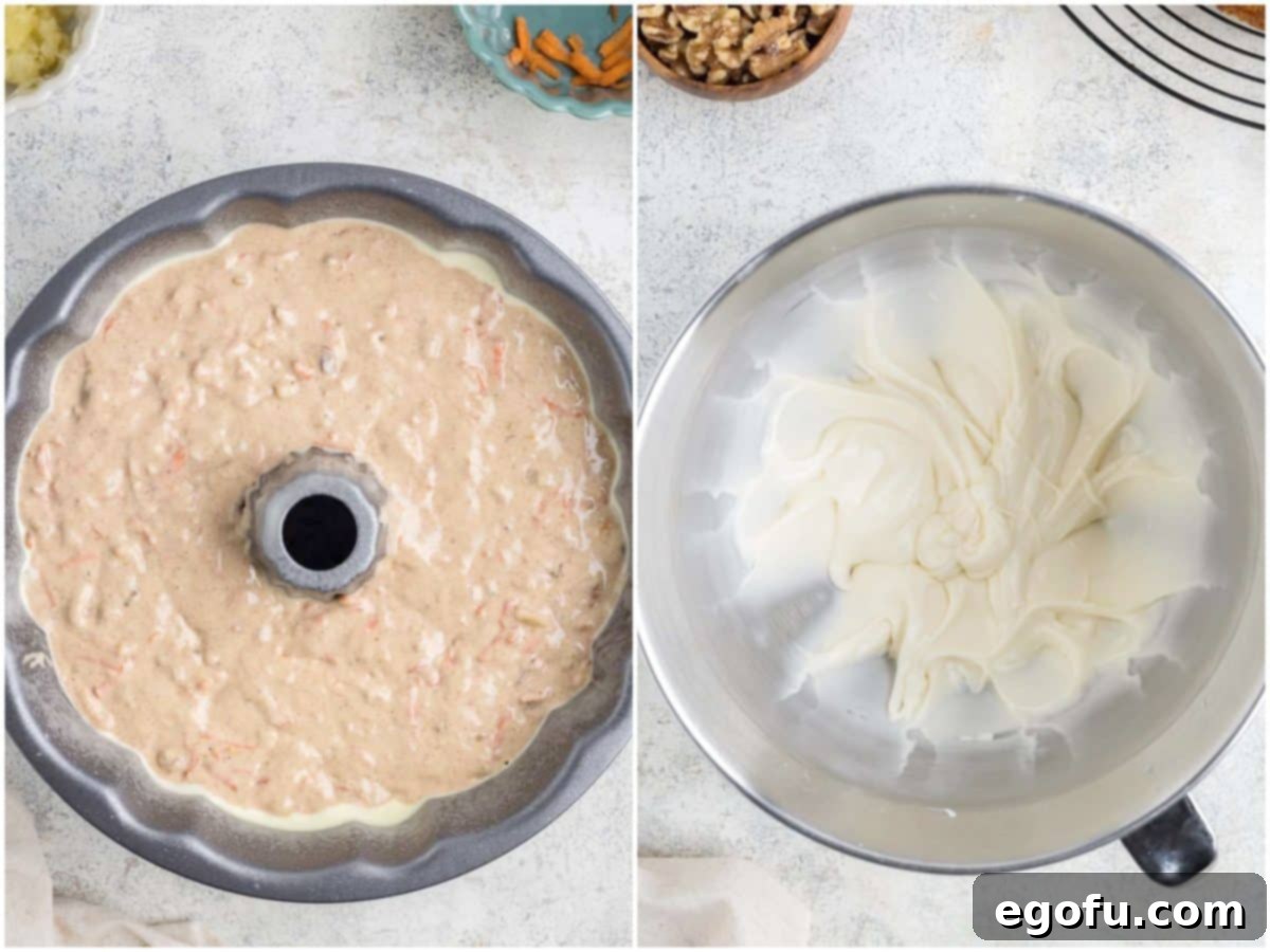 collage of two photos: Carrot cake batter in a bundt pan; A carrot bundt cake glaze in a bowl.