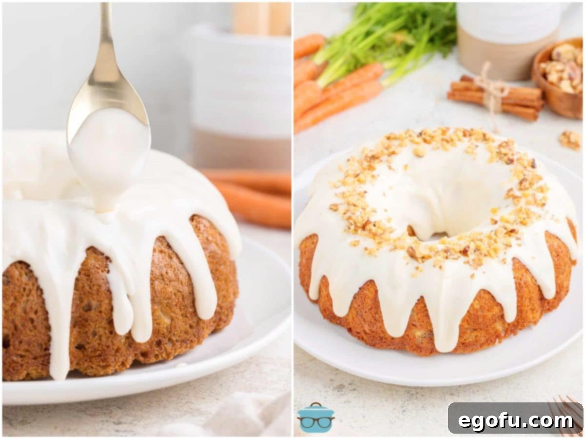collage of two photos: Glaze being poured on a bundt cake; chopped walnuts sprinkled on top of glaze on bundt cake.