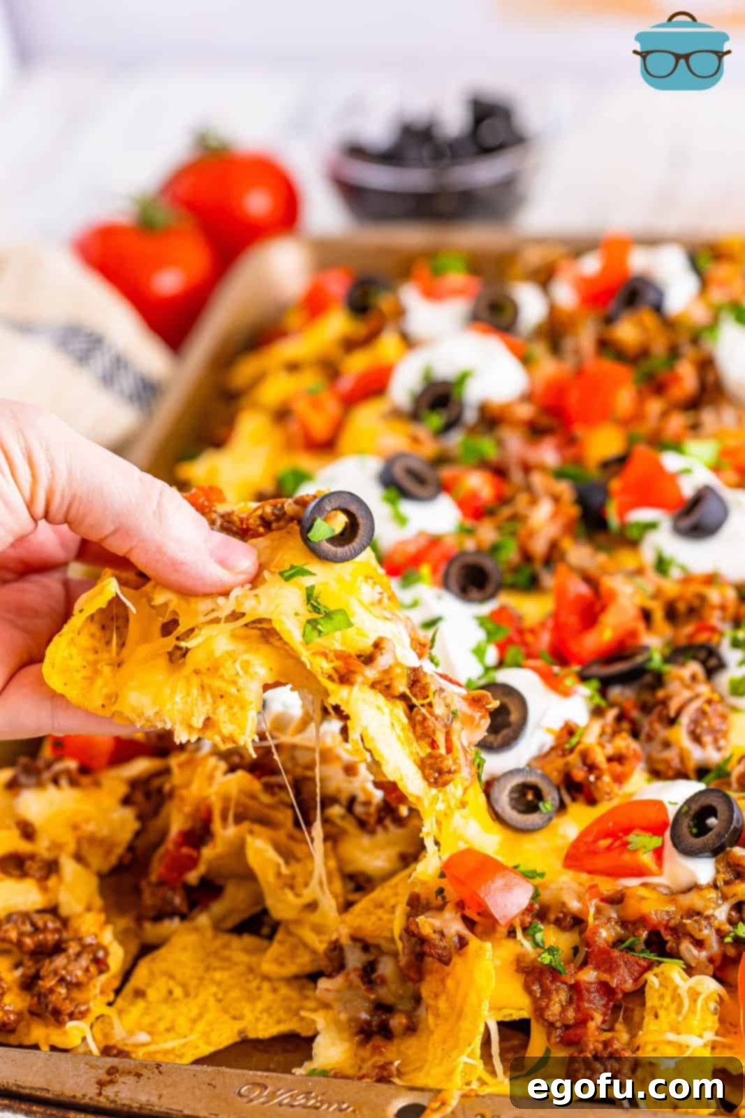 A hand holding a loaded nacho, showcasing the rich toppings and cheese.