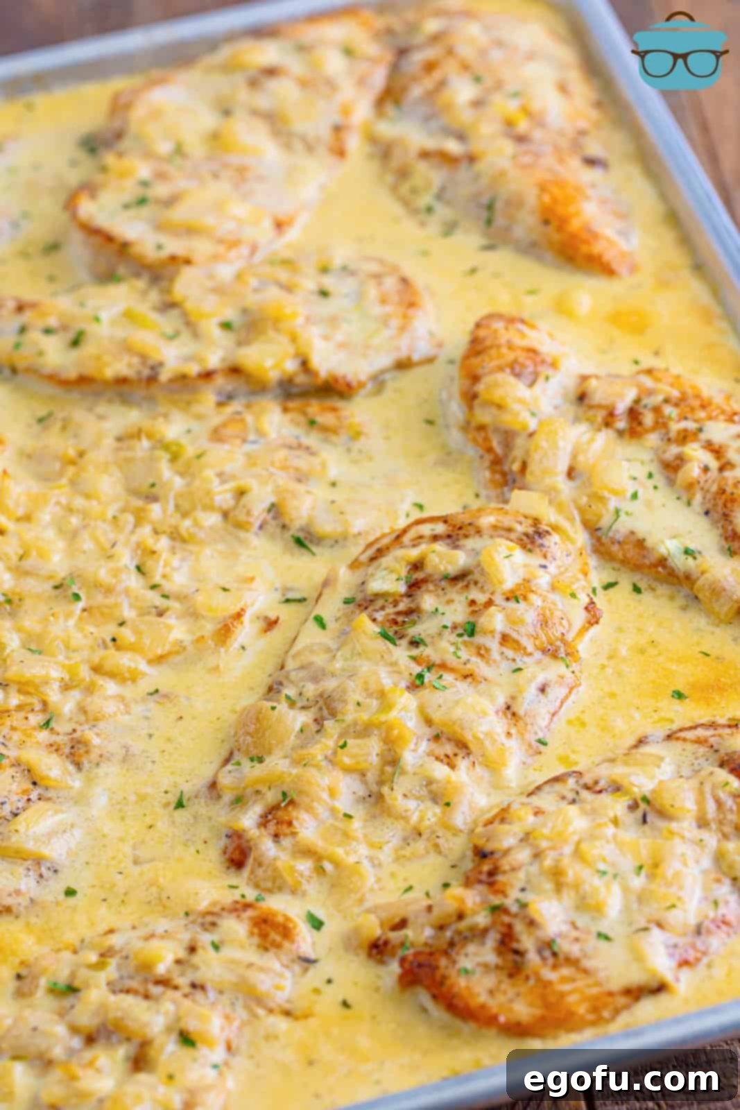 A sheet pan of Creamy Garlic Chicken.