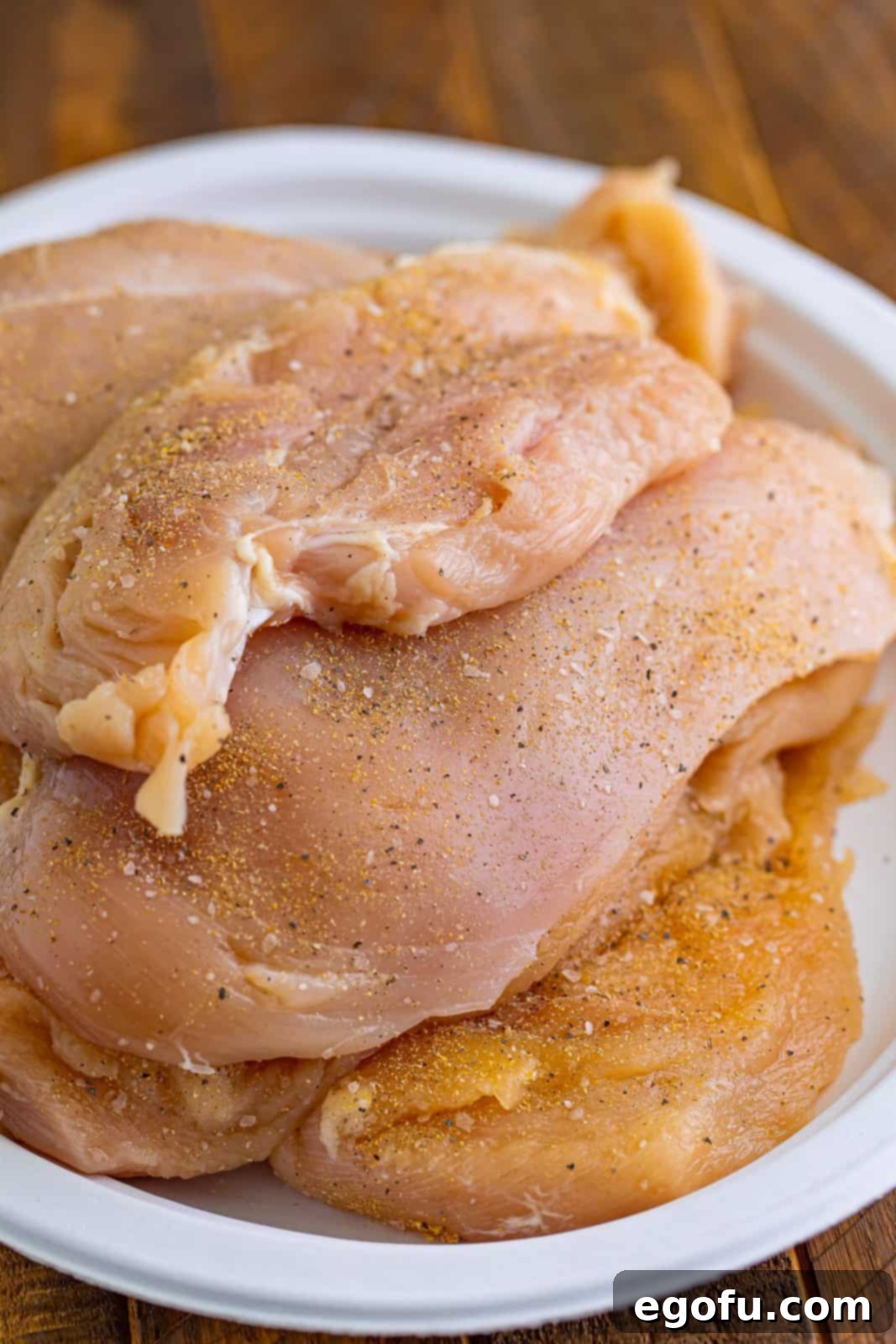 Seasoned chicken breasts on a plate.