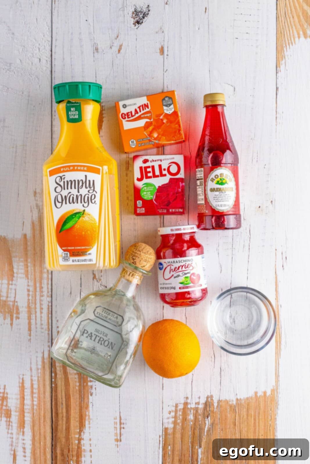 Agave Aurora Shots 4 Orange juice, grenadine, oranges, tequila, water, cherry and orange Jell-O, and cherries.