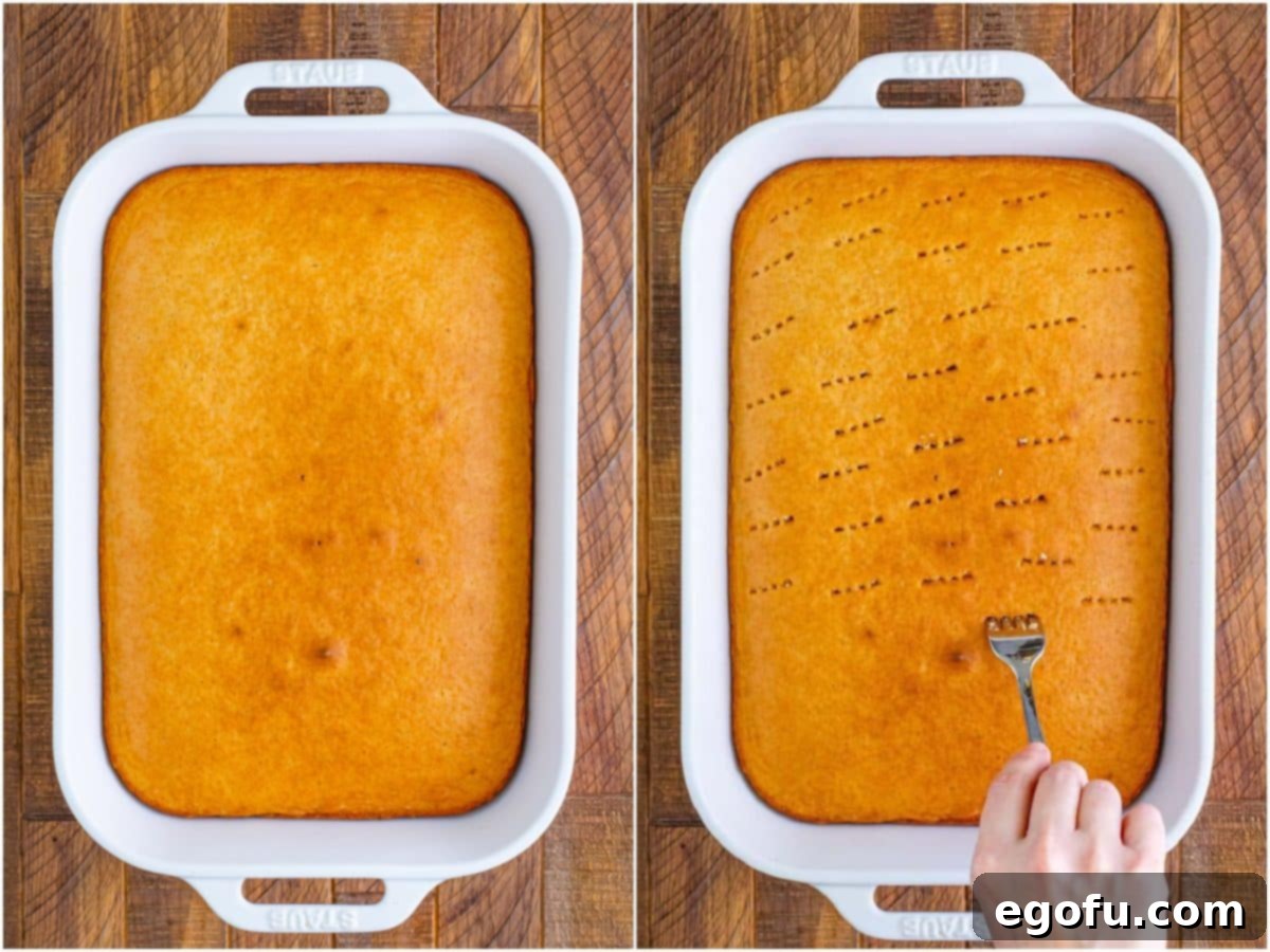 collage of two photos: fully baked cake in baking dish; a fork poking holes in the cake. 