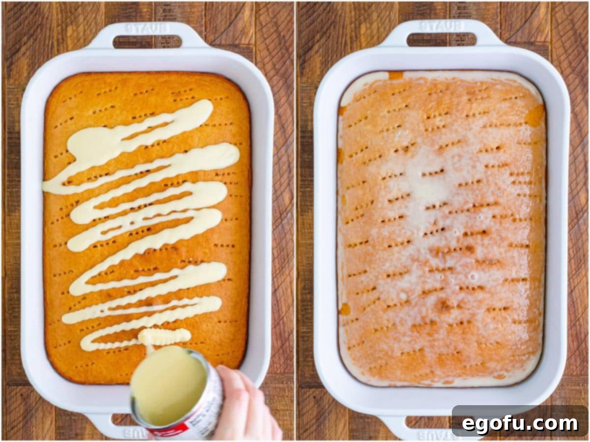 collage of two photos: pouring sweetened condensed milk on cake; condensed milk shown soaked into cake. 