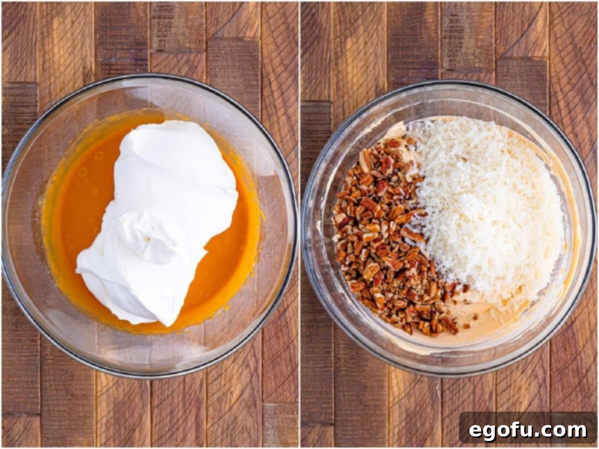 collage of two photos: pudding and whipped topping in a mixing bowl; chopped pecans and shredded coconut added to bowl with pudding.