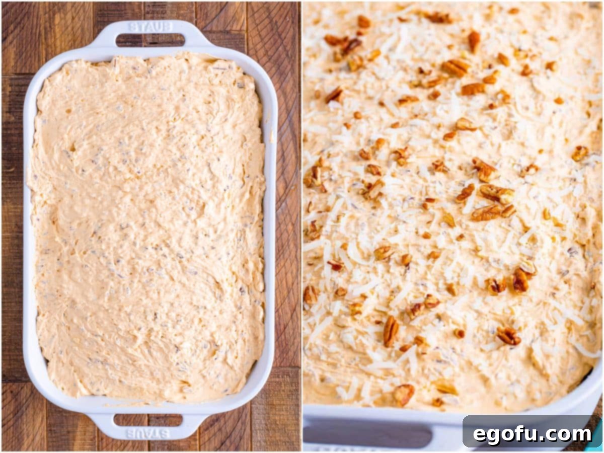 collage of two photos: frosting spread onto cake; shredded coconut and chopped pecans sprinkled on top of cake. 
