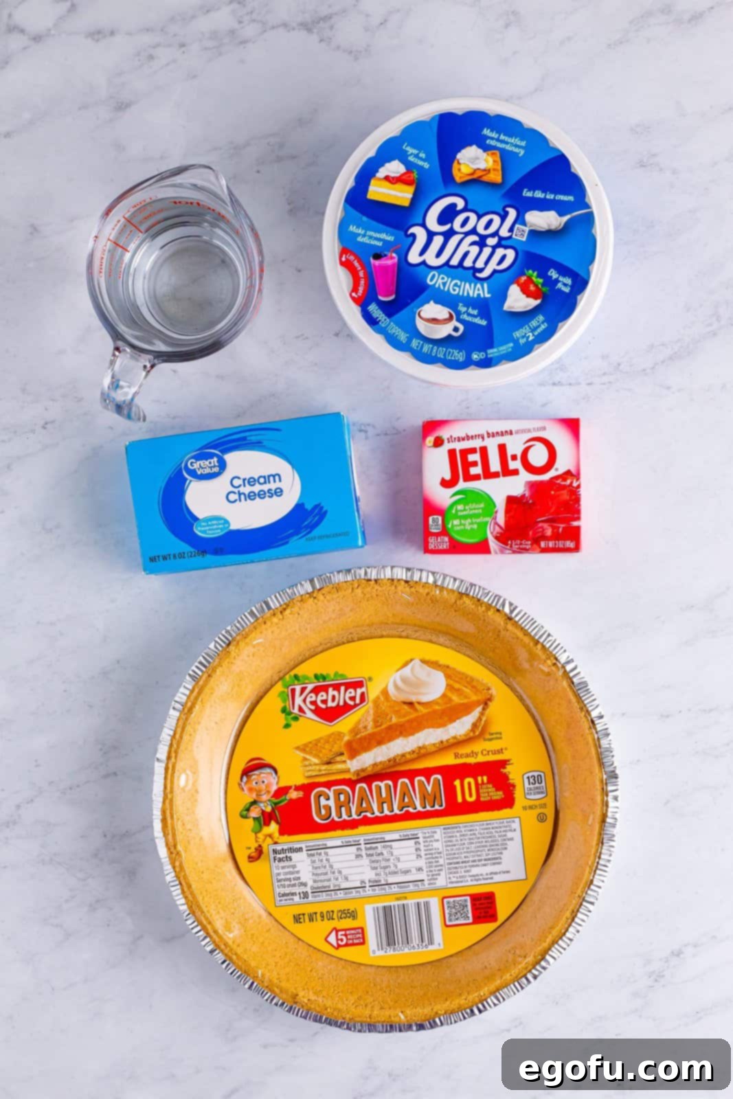 Graham cracker crust, cool whip, cream cheese, water, and jello packet. 