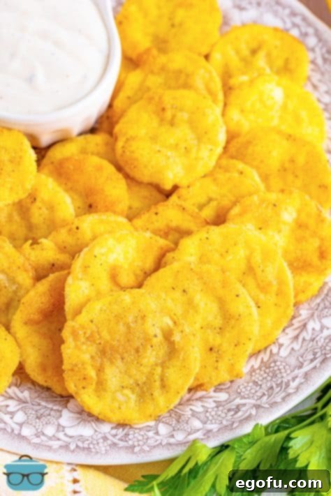 Down Home Fried Squash 19 A plate with some Fried Squash and dip.