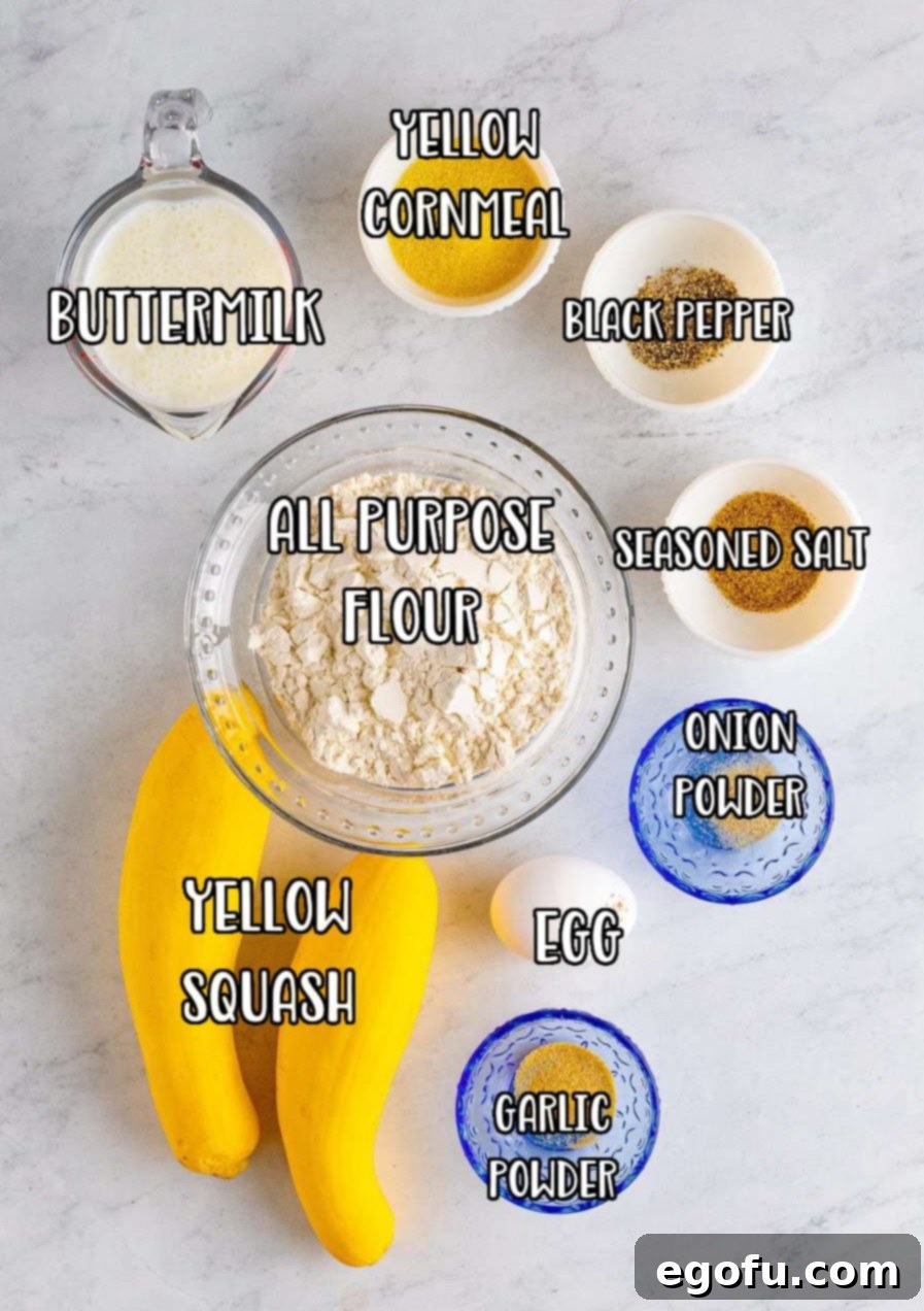 Down Home Fried Squash 5 An array of ingredients for Southern Fried Squash: yellow squash, all-purpose flour, yellow cornmeal, salt, pepper, garlic powder, onion powder, buttermilk, and an egg.