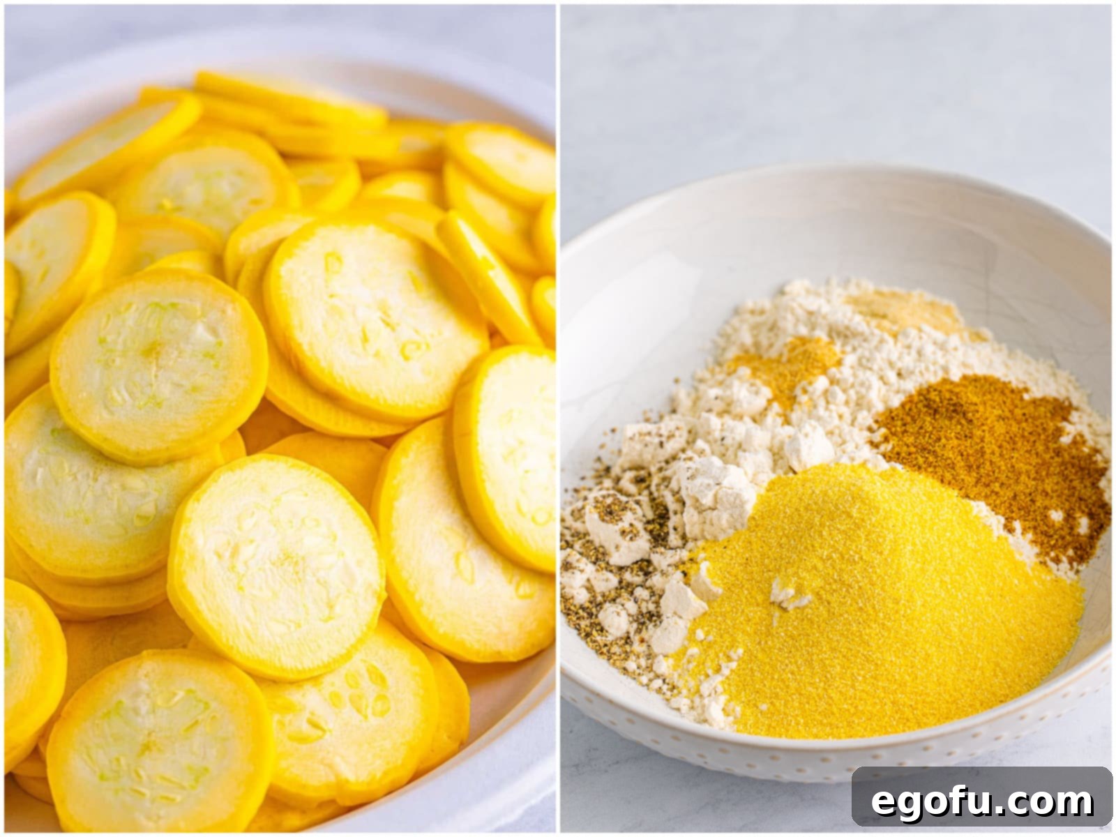 Down Home Fried Squash 6 Collage of two photos: a bowl of perfectly sliced yellow squash and another bowl with the dry flour, cornmeal, and seasoning mixture.