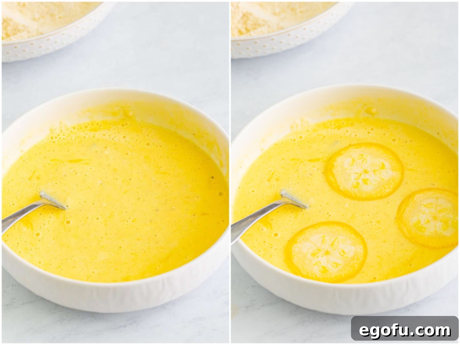 Down Home Fried Squash 7 Collage of two photos: a small bowl containing buttermilk, egg, and flour, and another showing three slices of squash being dipped into this wet mixture.