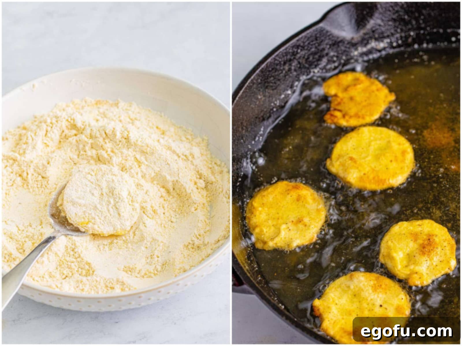 Down Home Fried Squash 8 Collage of two photos: coating a slice of squash in the seasoned flour and cornmeal mixture, and slices of squash frying in a cast iron pan.