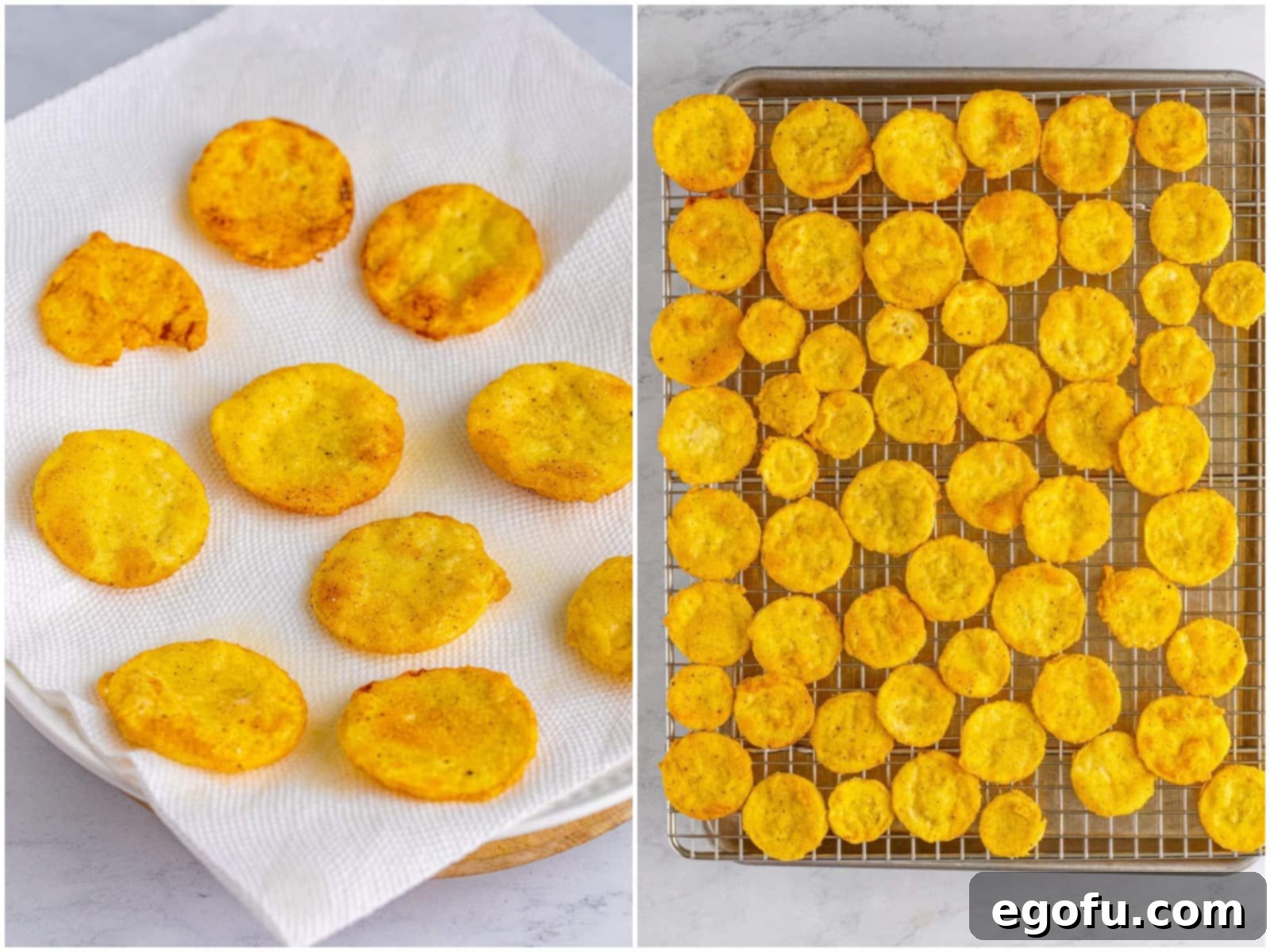 Down Home Fried Squash 9 Collage of two photos: fried squash draining on paper towels, and then arranged on a wire rack over a baking sheet.