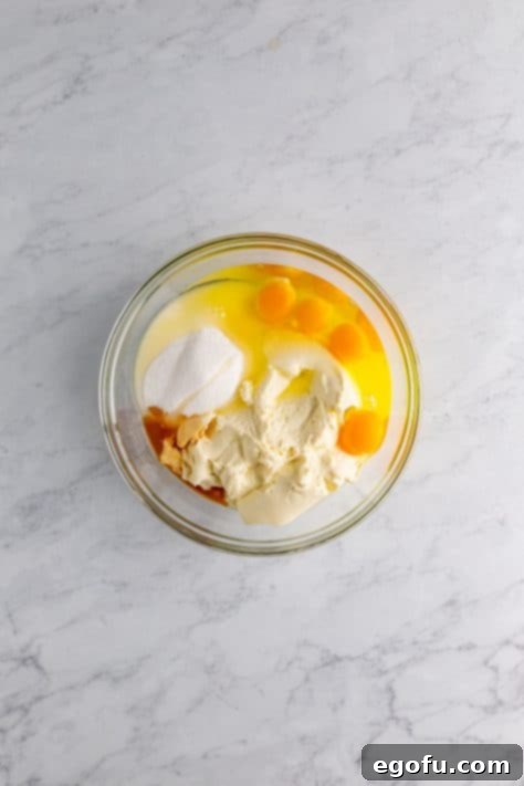 Amore Italian Dream Cake 11 Ricotta, eggs, sugar, and vanilla in a large bowl.