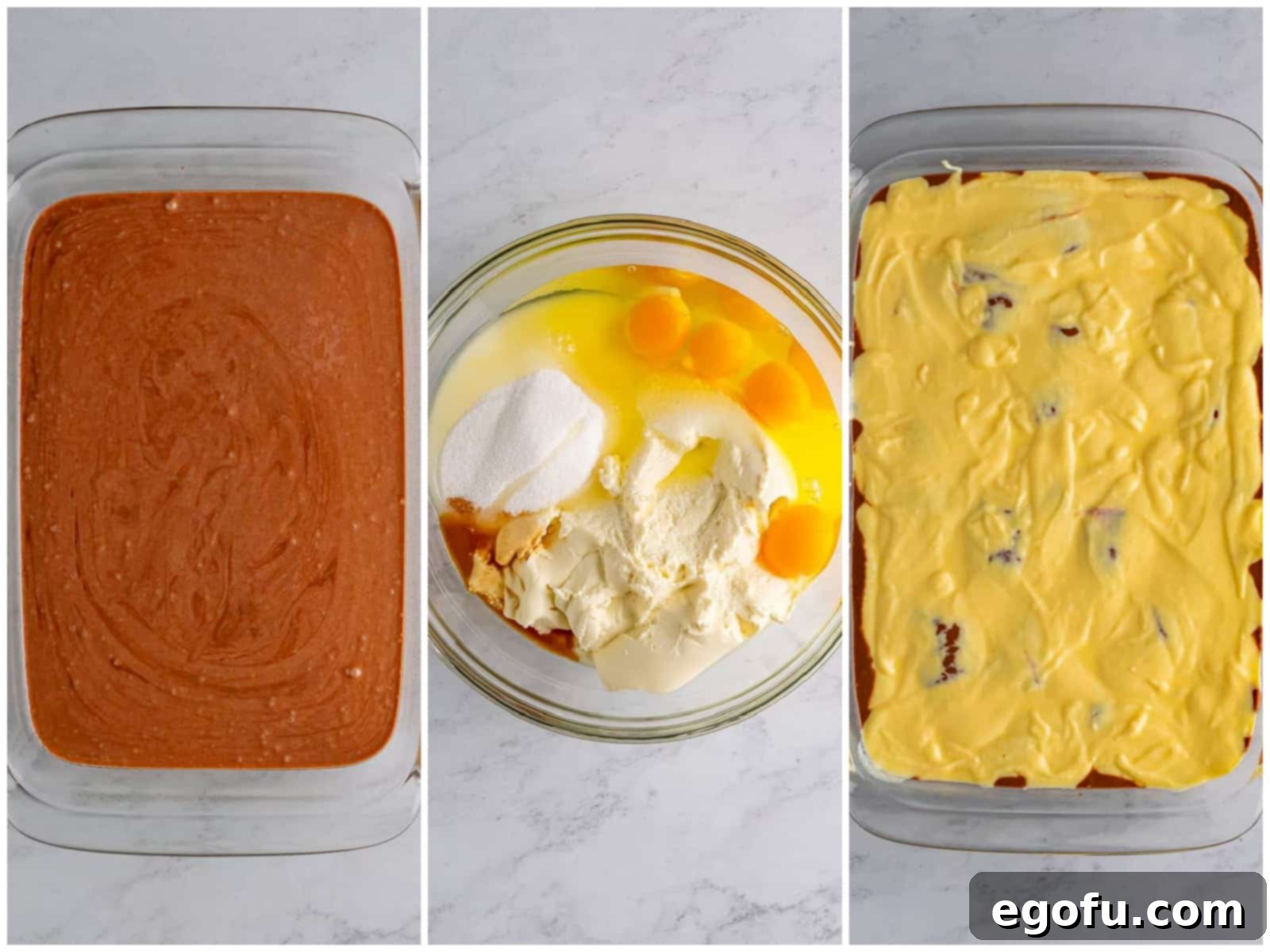 Amore Italian Dream Cake 5 A three-panel collage demonstrating the preparation of Italian Love Cake: First, chocolate cake batter settled in a baking dish; second, a bowl holding the mixed ricotta, eggs, sugar, and vanilla; and third, the smooth ricotta mixture carefully spread over the chocolate cake batter.