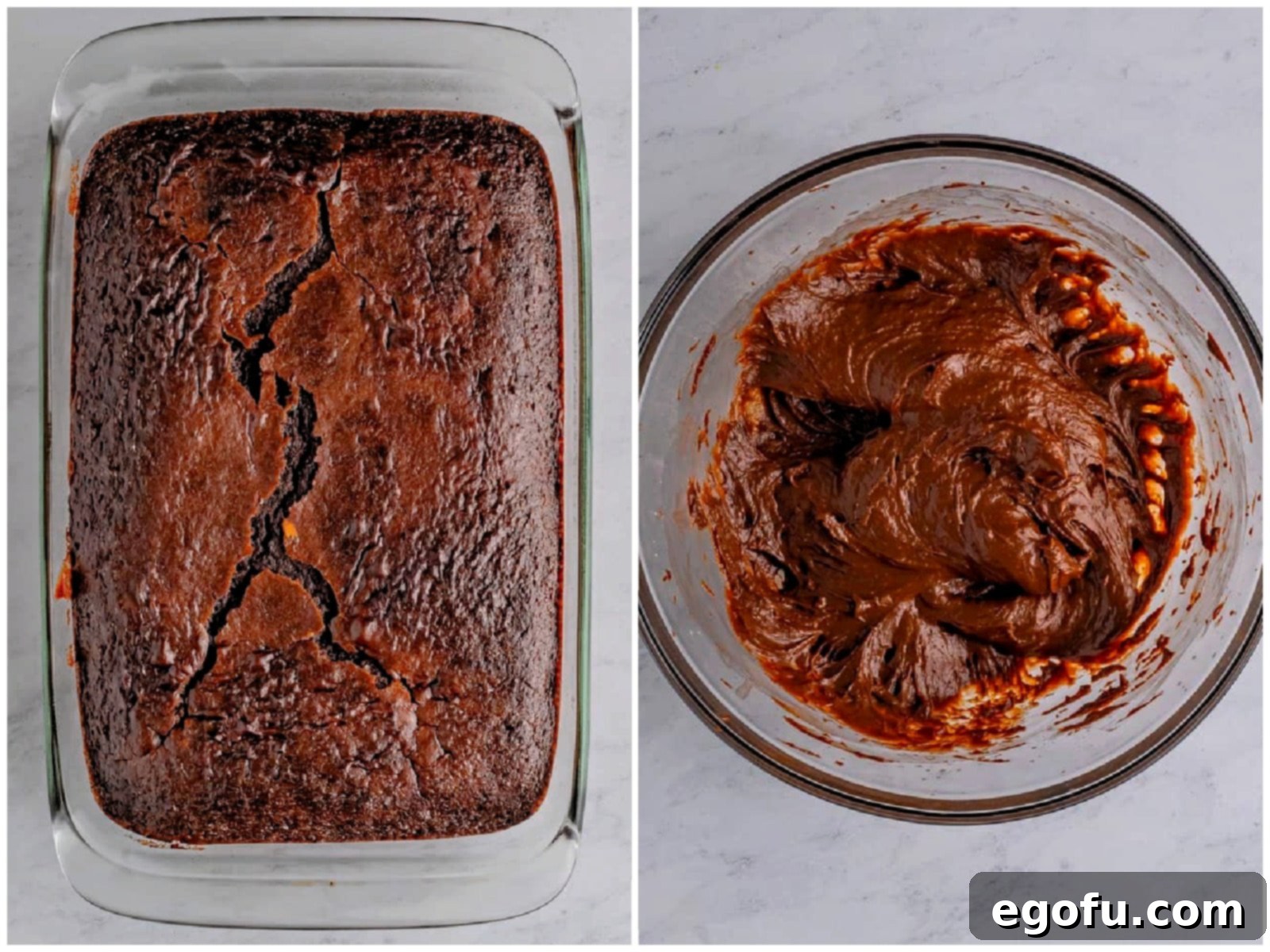 Amore Italian Dream Cake 6 A two-panel collage illustrating the next steps for Italian Love Cake: On the left, a freshly baked cake with a set ricotta layer cooling on a wire rack. On the right, a bowl of rich instant chocolate pudding, perfectly prepared and ready for the next stage.