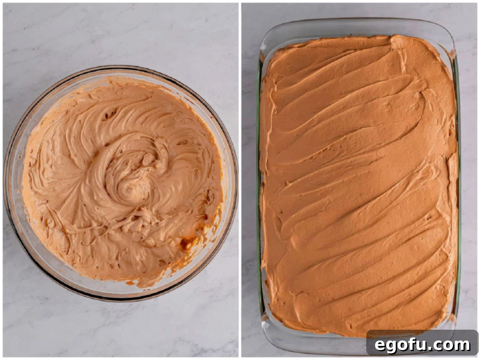 Amore Italian Dream Cake 7 A two-panel collage detailing the final topping steps for Italian Love Cake: On the left, fluffy whipped topping is gently folded into the chocolate pudding mixture. On the right, the combined chocolate pudding and whipped topping is smoothly spread across the cooled cake, creating a tempting final layer.