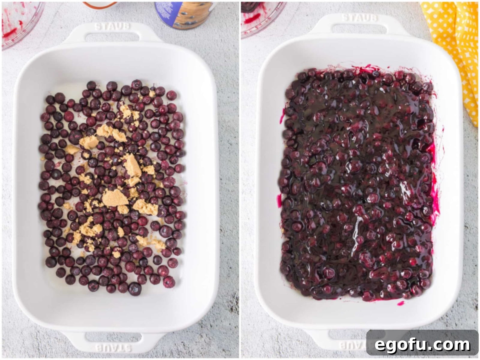 collage of two photos: blueberries and brown sugar in a baking dish; blueberry pie filling spread on top of blueberries in baking dish. 