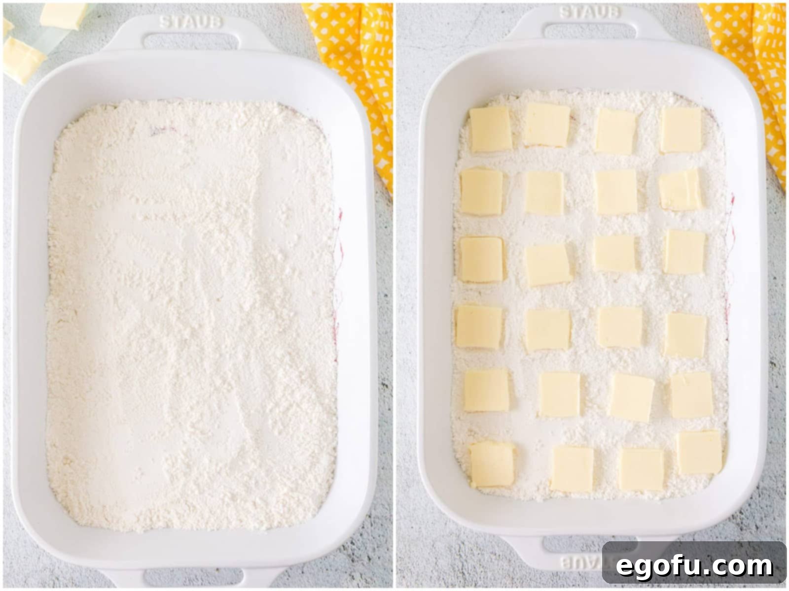 collage of two photos: cake mix sprinkled evenly on top of blueberry mixture; slices of butter evenly placed on top of cake mix layer. 