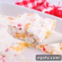 A serving utensil with a serving of frozen fruit salad, highlighting its creamy and chunky texture.