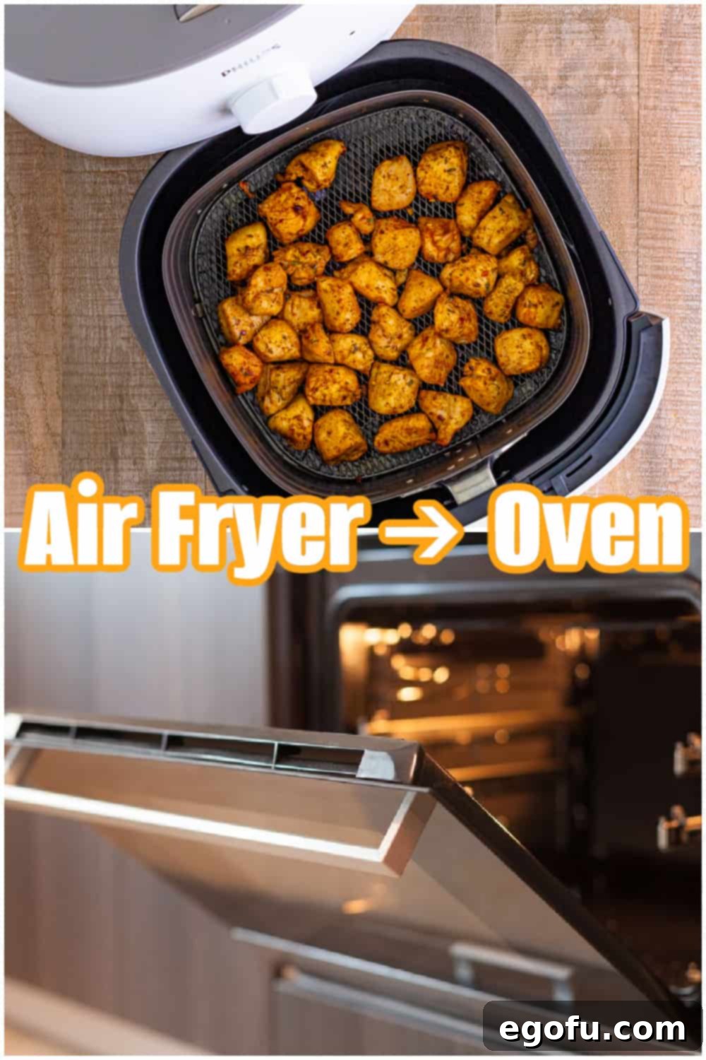 A collage featuring an open air fryer with chicken pieces at the top, and a slightly ajar oven door at the bottom, illustrating the transition from air fryer to oven cooking.