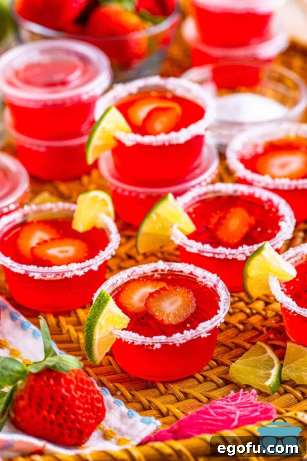 A few strawberry margarita jello shots with salted rims. 