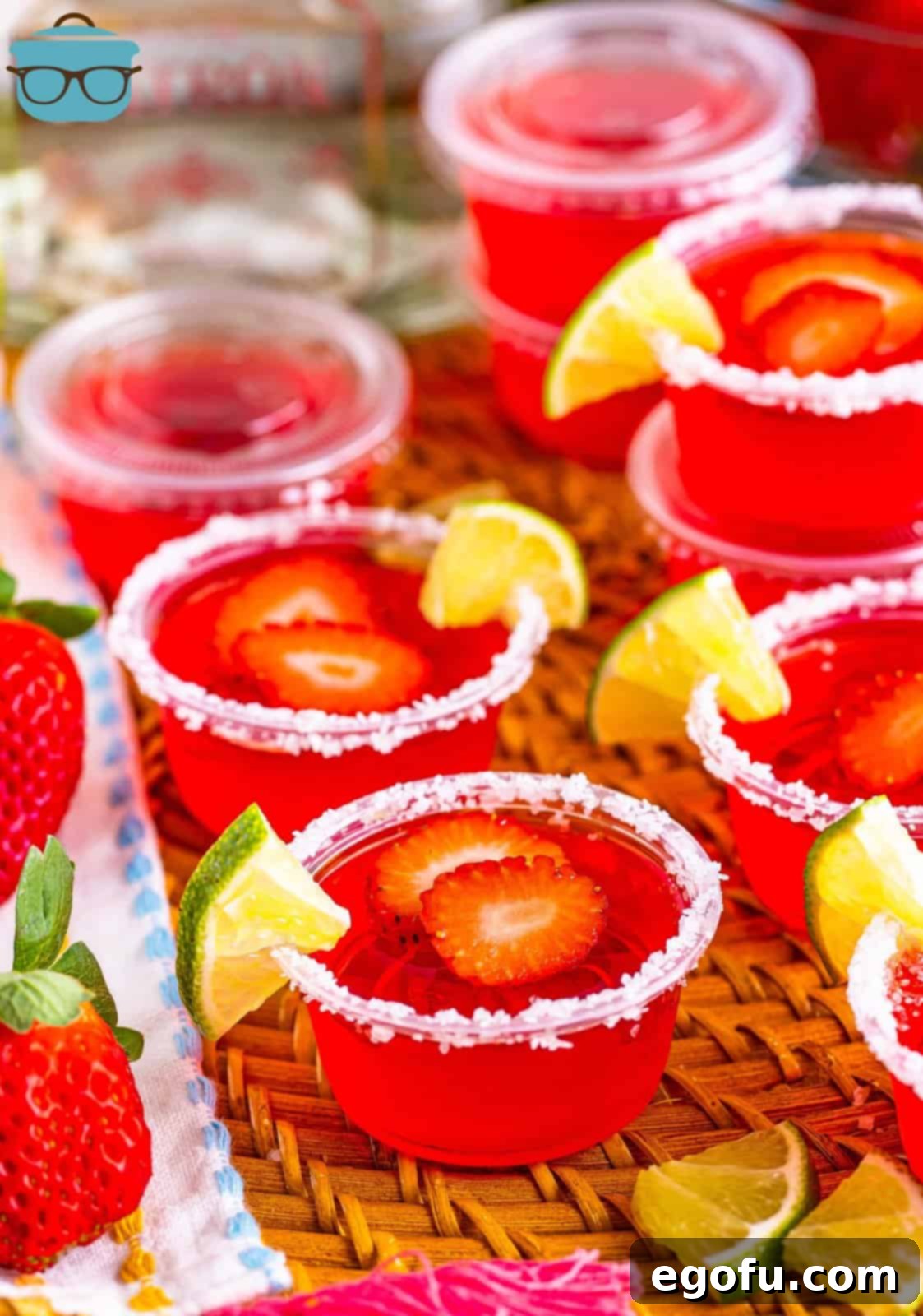 A few fresh made Strawberry Margarita Jell-o Shots.