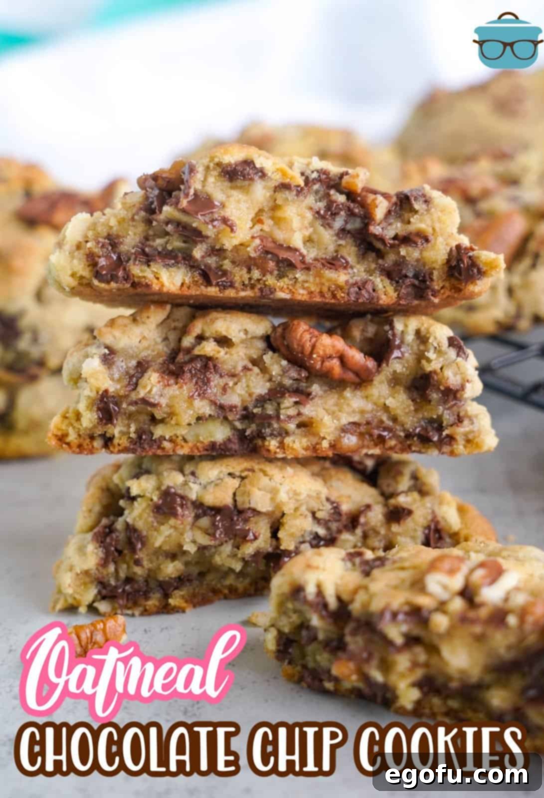 Oatmeal Chocolate Chip Delights 3 Homemade Oatmeal Chocolate Chip Cookies, broken open to show gooey chocolate chips, perfectly baked.