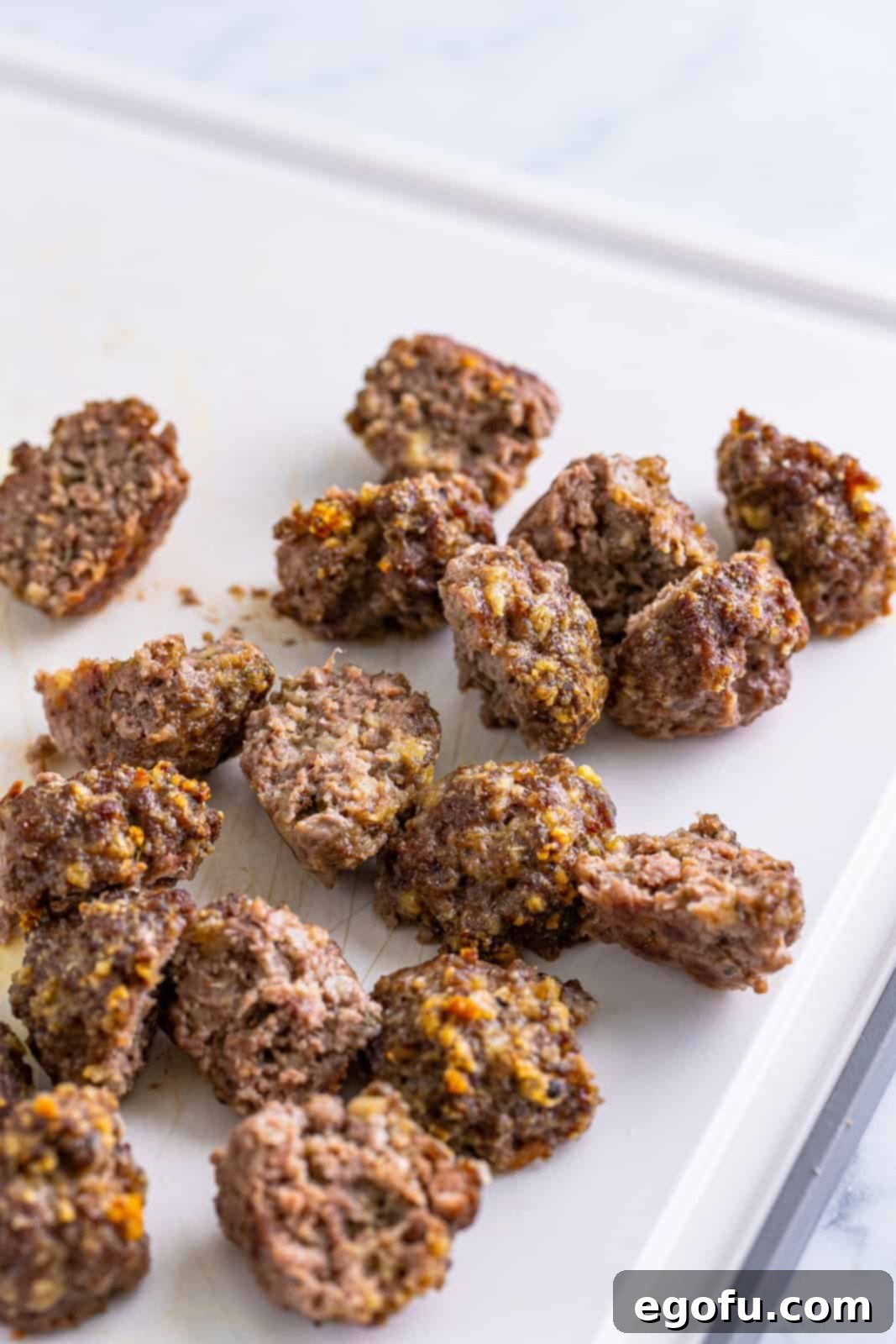 Cooked meatballs cut in half on a cutting board, ready to be distributed on the pizza.