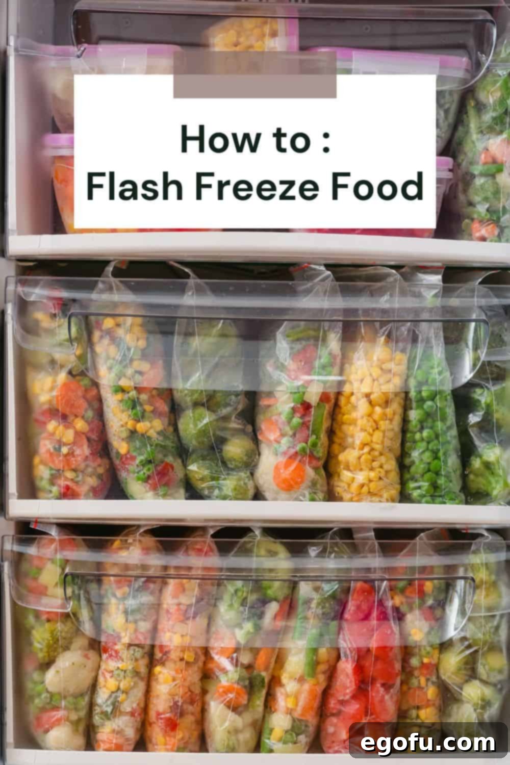 A baking sheet filled with various foods being prepared for flash freezing, highlighting the individual spacing for optimal results.