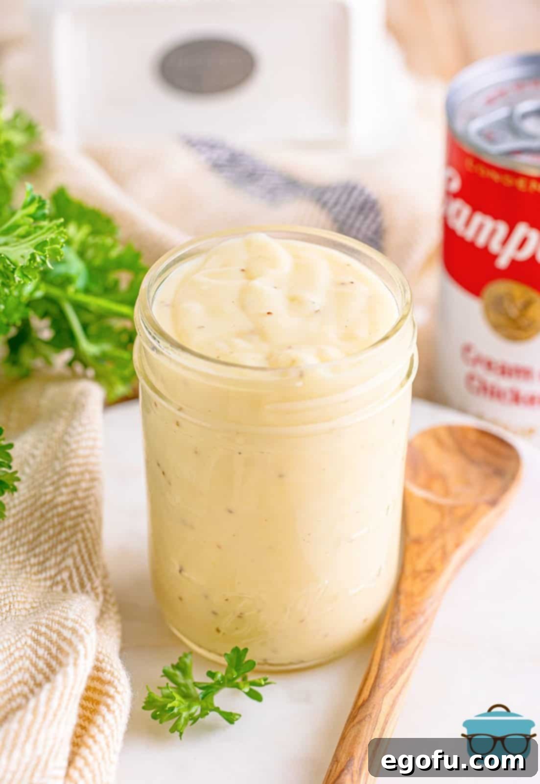 A top-down view of a bowl filled with freshly made homemade condensed cream of chicken soup, garnished slightly.