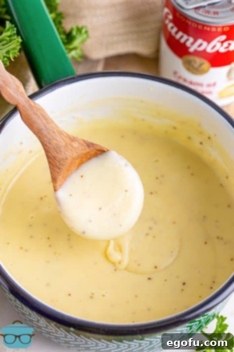 A wooden spoon with some homemade cream of chicken soup on it above the pot of it.