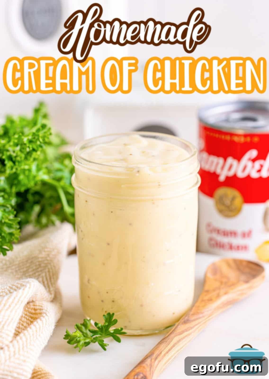 A beautifully presented mason jar filled with homemade condensed cream of chicken soup, ready for storage or use.
