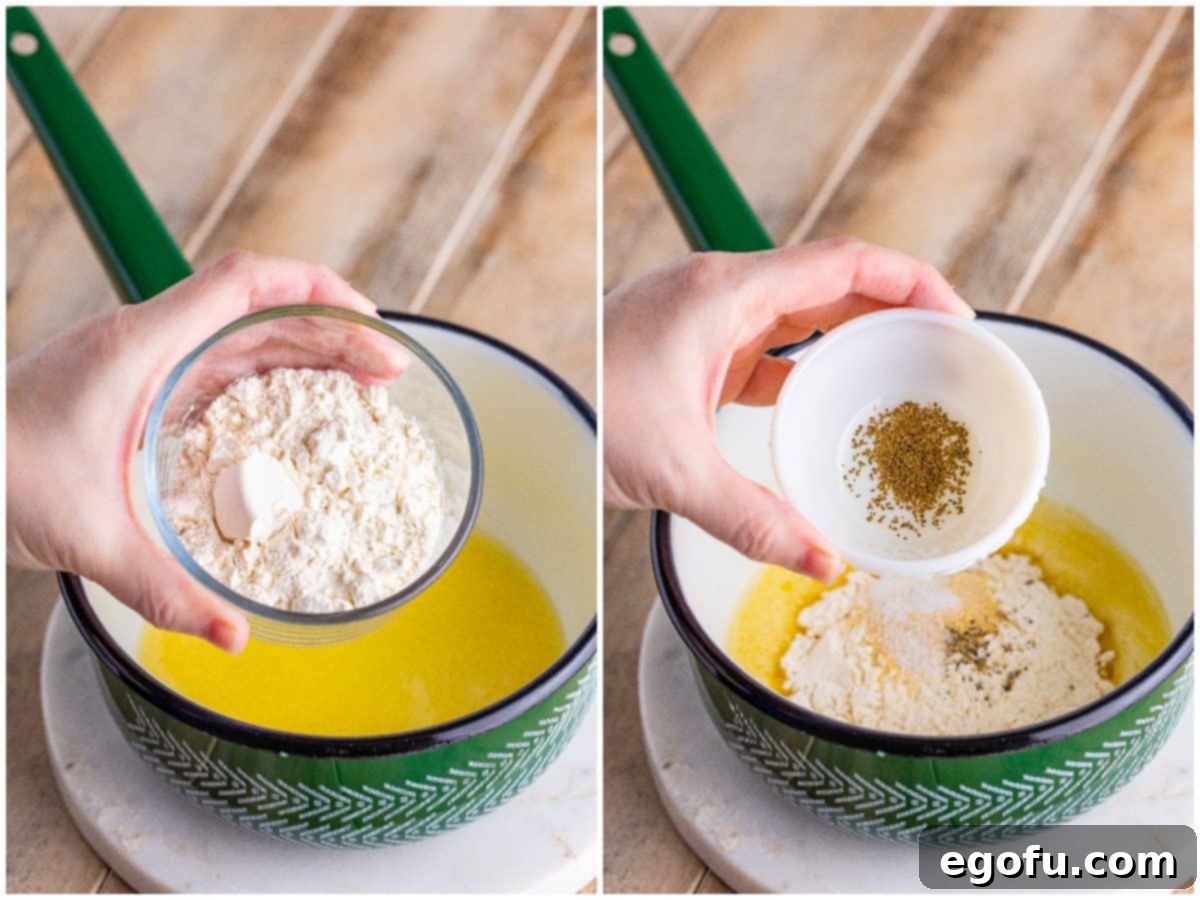 A two-part image showing the process: first, flour being added to melted butter in a saucepan, and second, seasonings sprinkled over the flour mixture.