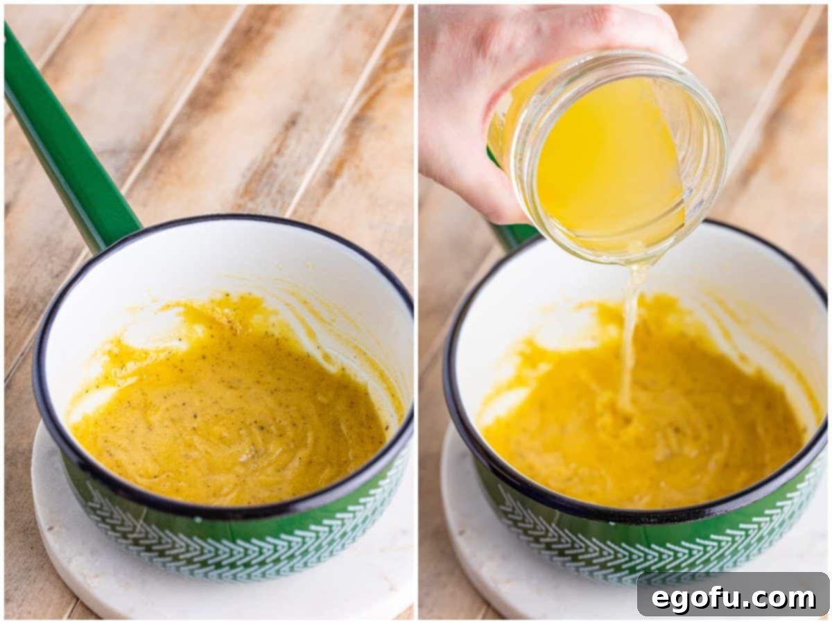 A two-part image illustrating the cooking process: first, the perfectly mixed butter and flour roux in the pot, and second, chicken broth being slowly poured into the roux while whisking.
