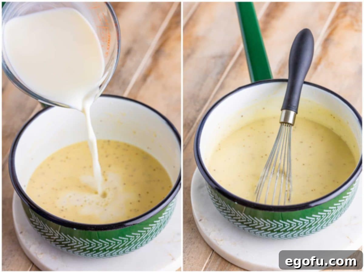 A two-part image showing the final stages: first, milk being gently poured into the simmering mixture, and second, a whisk stirring the now thick and creamy homemade cream of chicken soup in the pan.