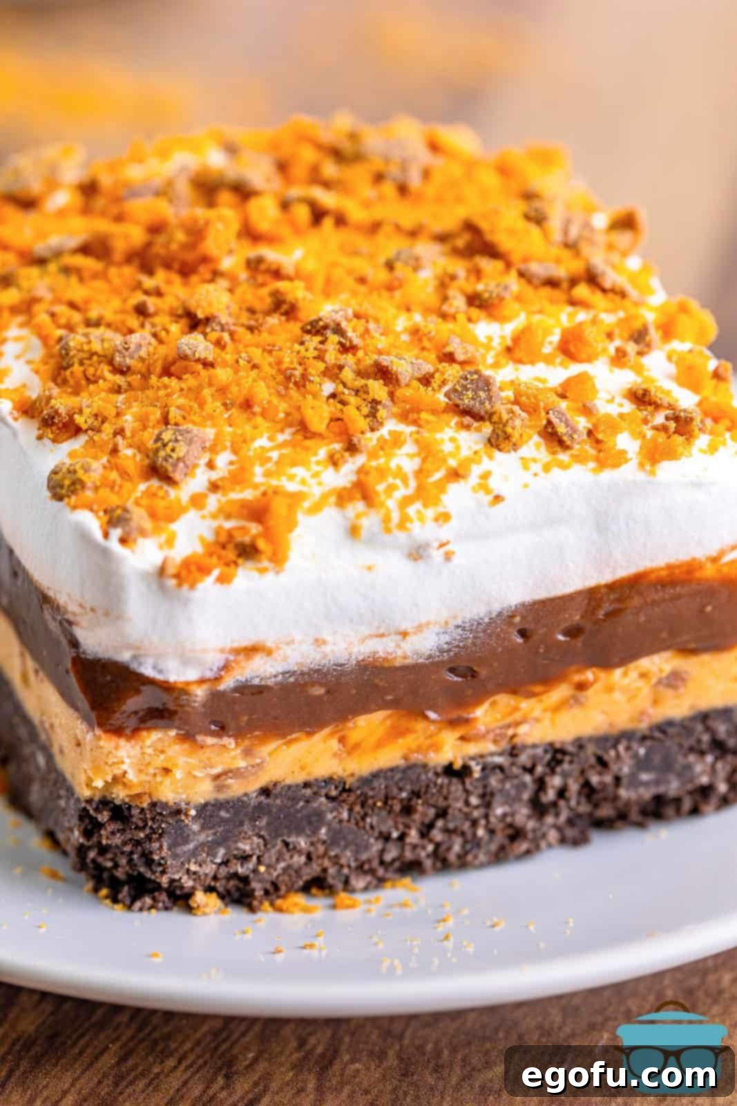 Golden Butterfinger Dream 2 Close up looking at the layers of a slice of Butterfinger Lush, showcasing the distinct layers of Oreo crust, peanut butter cream cheese, chocolate pudding, and whipped topping with Butterfinger crumbs.