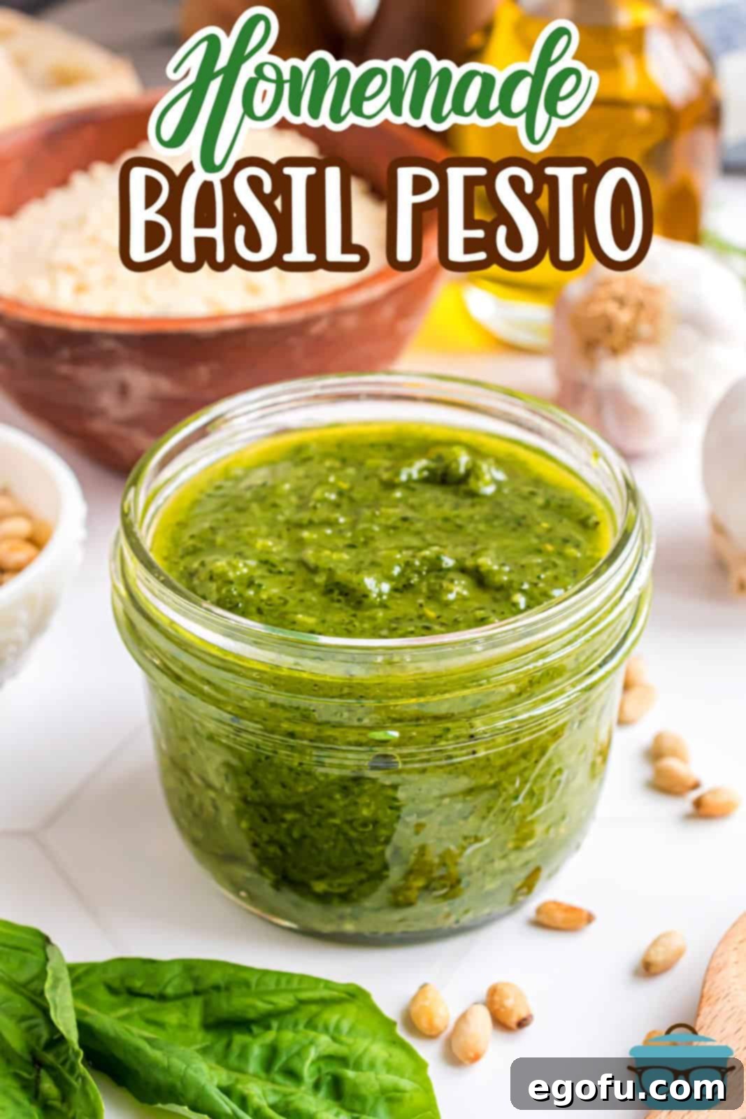 A jar of homemade basil pesto. 