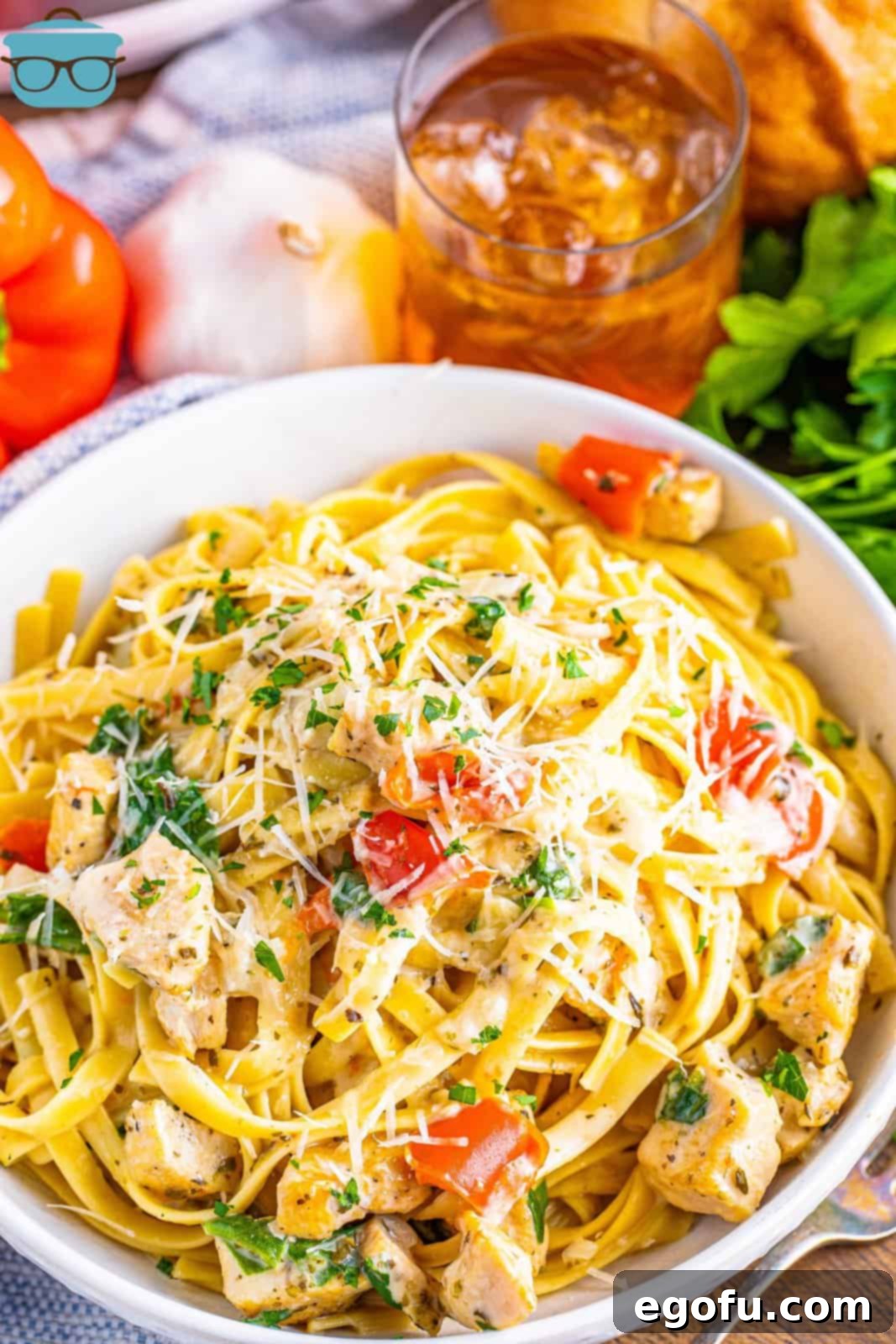 Looking down on a bowl of Creamy Garlic Pasta.